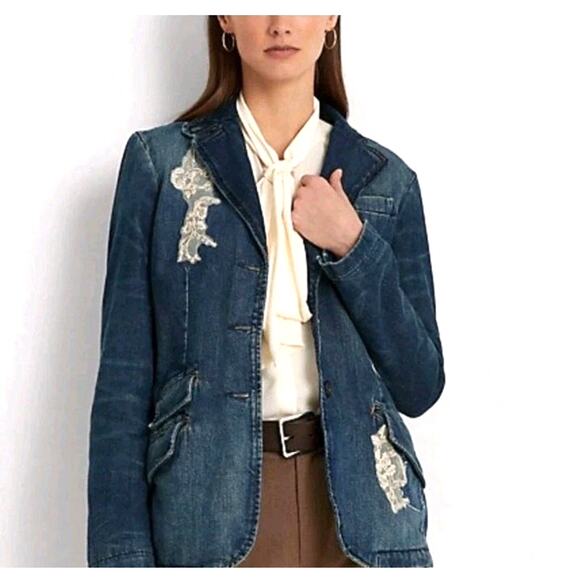 LRL Ralph Lauren Lace Patchwork Denim Blazer Womens Size 22W Blue Indigo NEW NWT - Picture 1 of 16